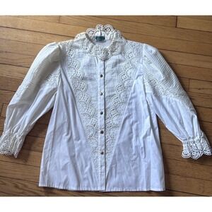 Vtg Alpe Trachtenmoden Ruffle Lace Button Up Shirt Women's Medium‎